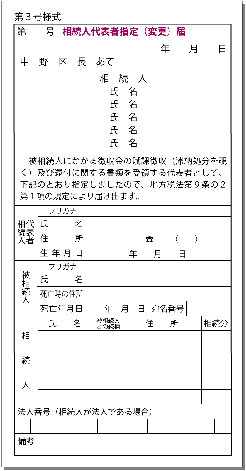 相続人代表者指定(変更)届