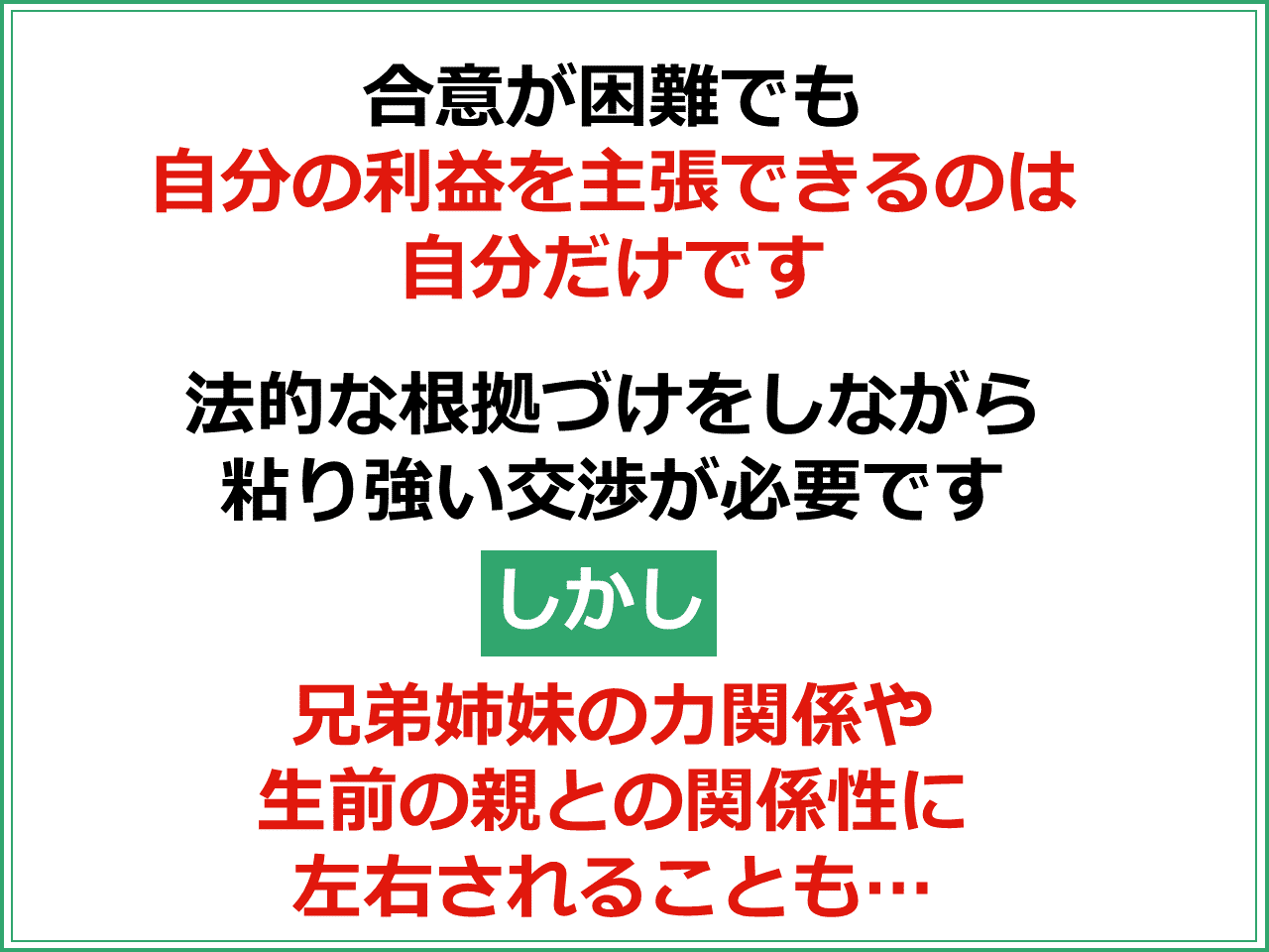 合意が困難でも自分の利益を主張できるのは自分だけです。法的な根拠づけをしながら粘り強い交渉が必要です。しかし兄弟姉妹の力関係や生前の親との関係性に左右されることもあります。