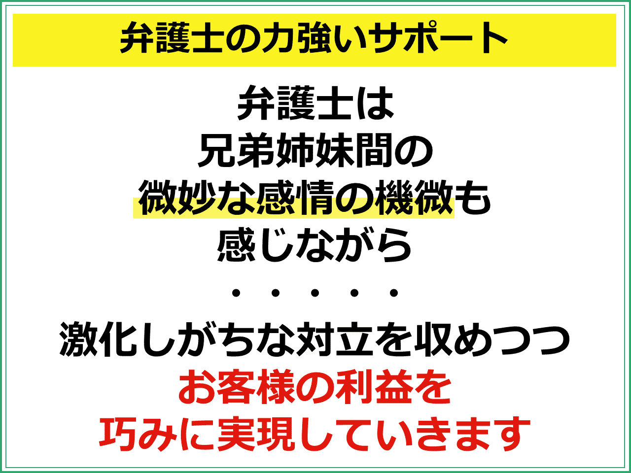 弁護士の力強いサポート　弁護士は兄弟姉妹間の微妙な感情の機微も感じながら　激化しがちな対立を収めつつ　お客様の利益を巧みに実現していきます