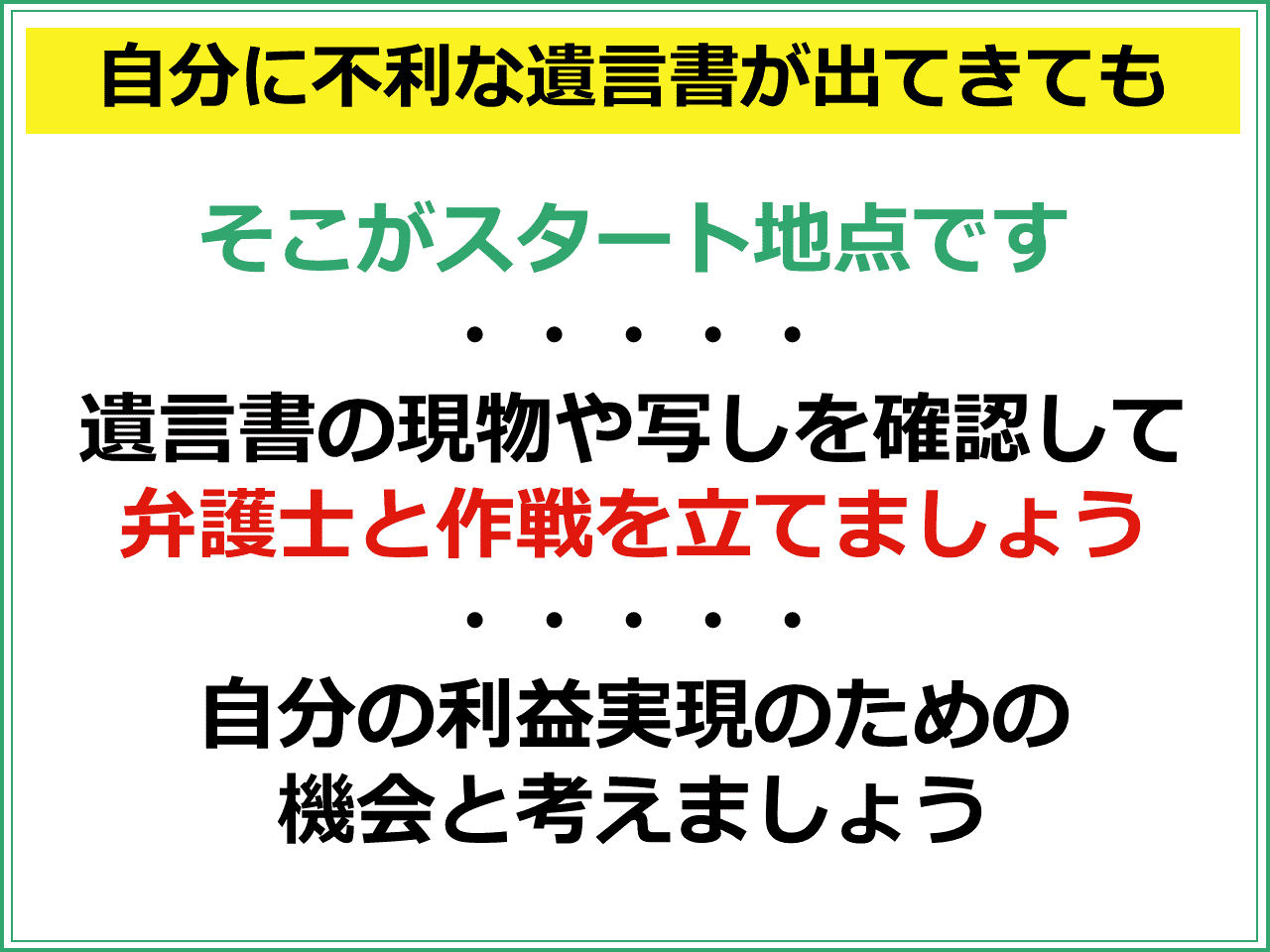 自分に不利な遺言書が出てきても　そこがスタート地点です　遺言書の現物や写しを確認して弁護士と作戦を立てましょう　自分の利益実現のための機会と考えましょう